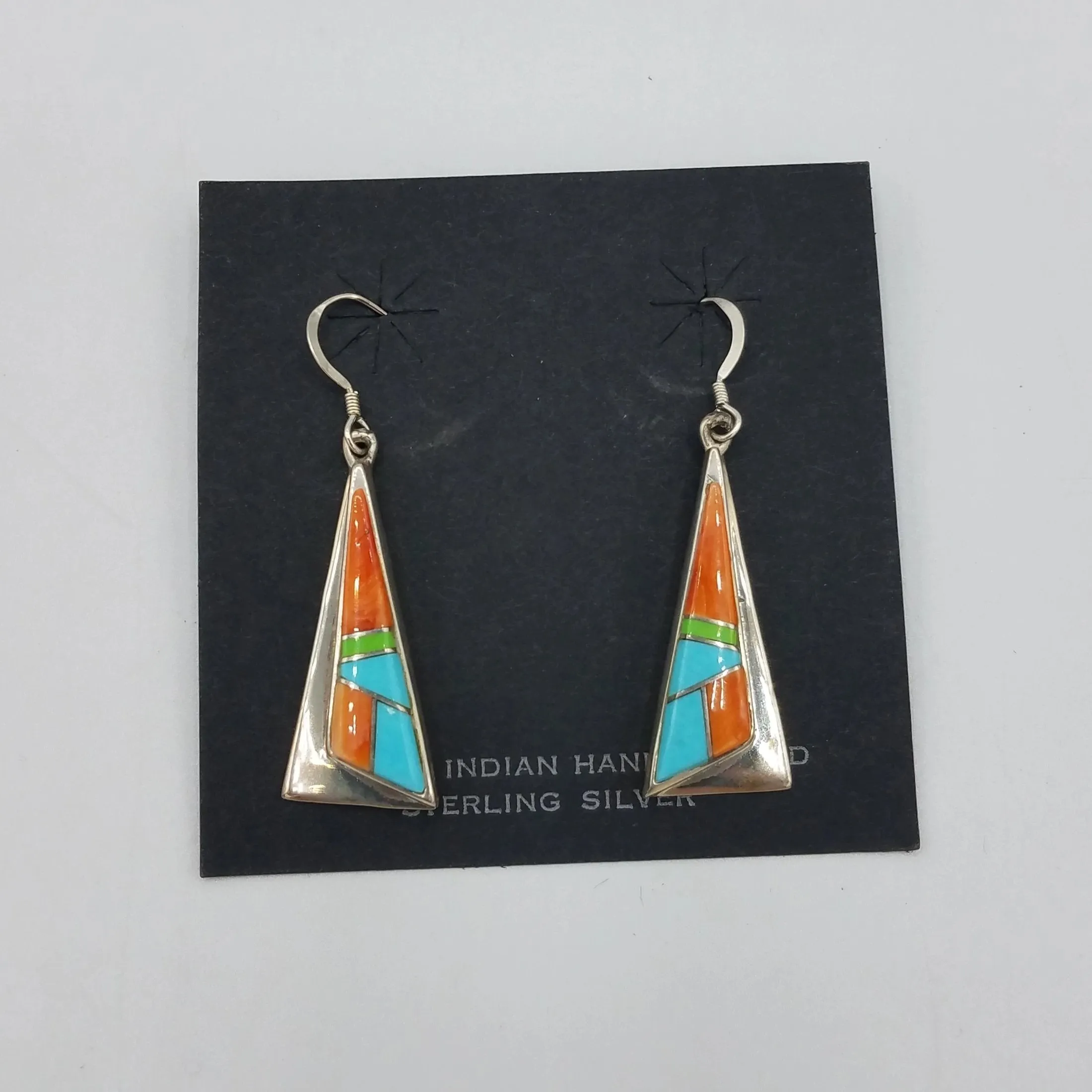 Triangular Silver Earrings with Apple Coral and Turquoise | From Albuquerque