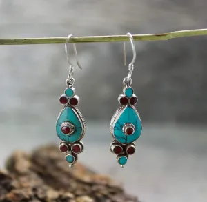 Turquoise and Coral Flower Drop Earrings