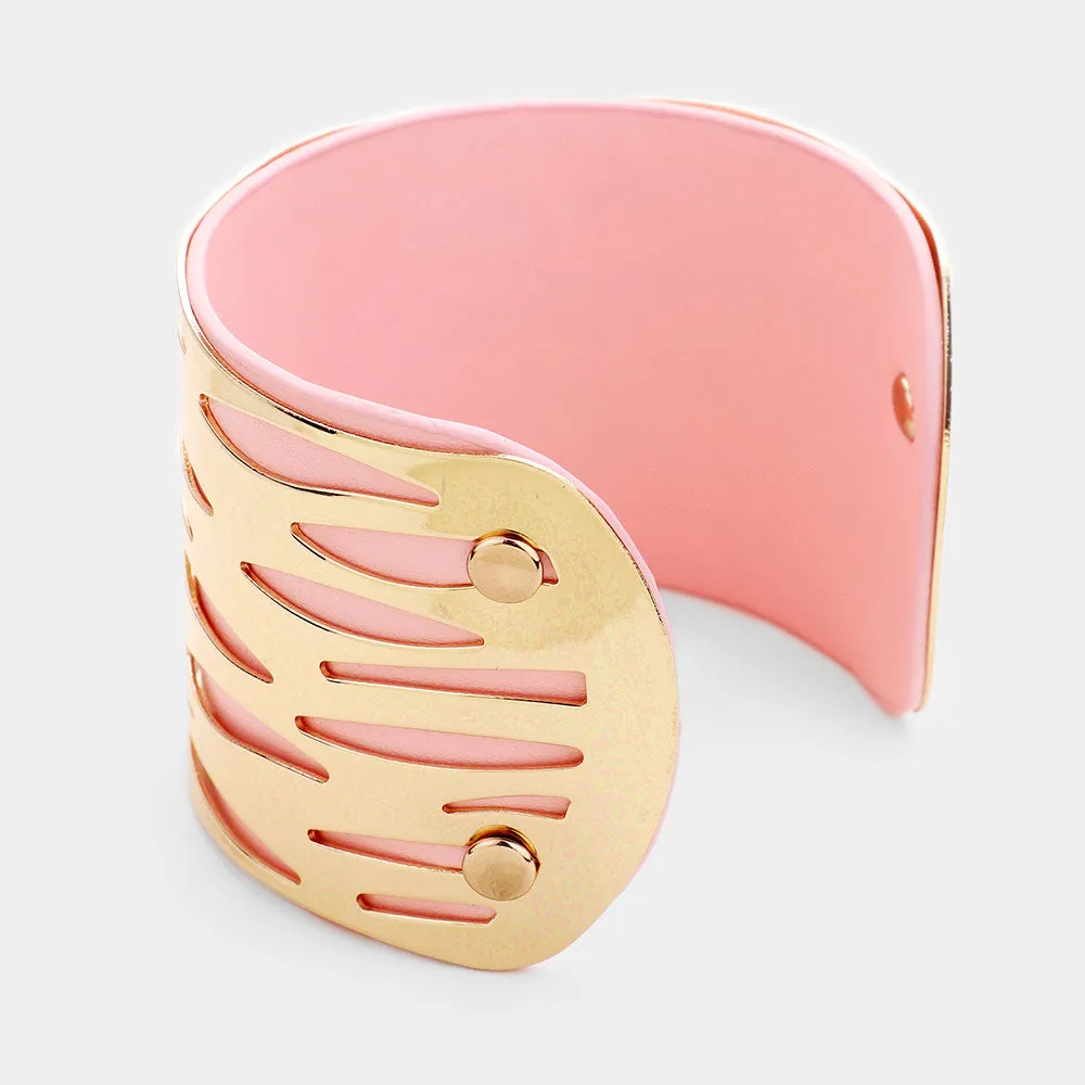 Vegan Leather Laser Cut Wave Filigree Cuff Bracelet Pink
