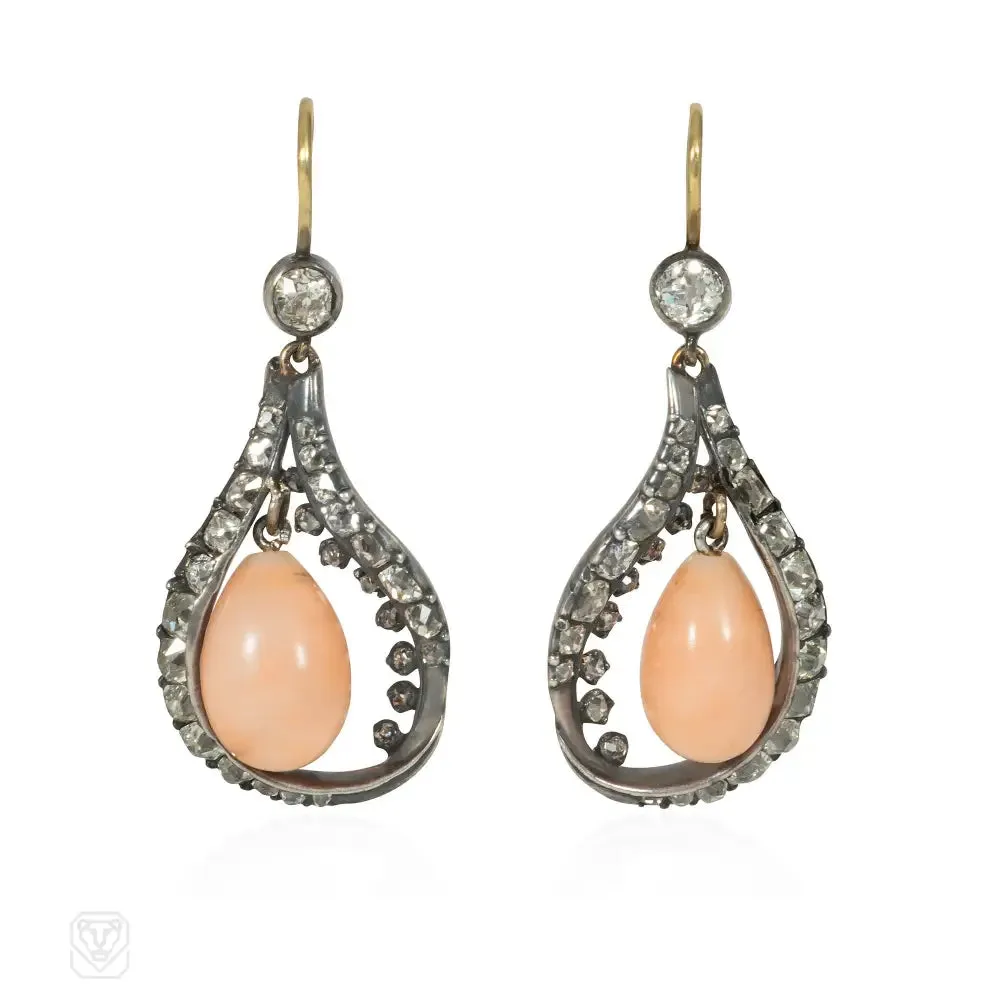 Victorian angel skin coral and diamond earrings