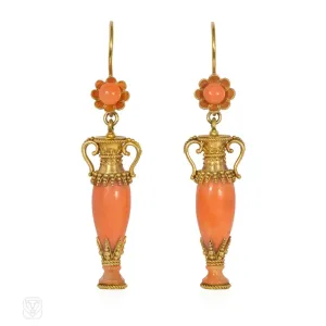Victorian gold and coral Etruscan Revival urn earrings