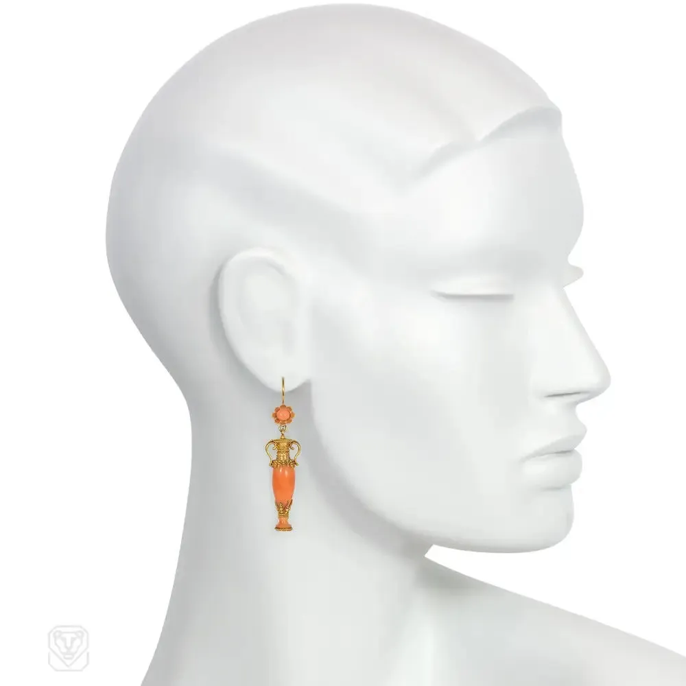Victorian gold and coral Etruscan Revival urn earrings