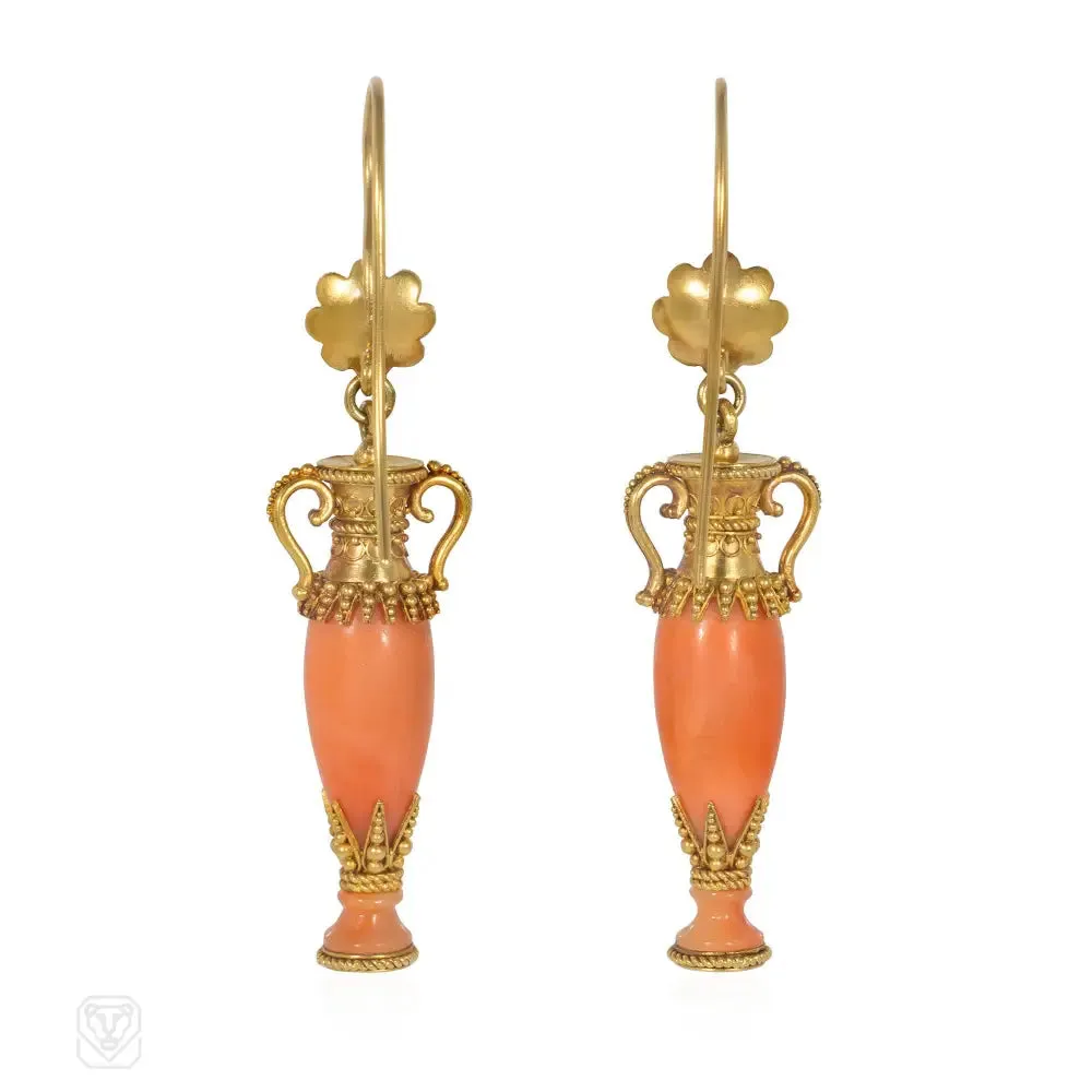 Victorian gold and coral Etruscan Revival urn earrings