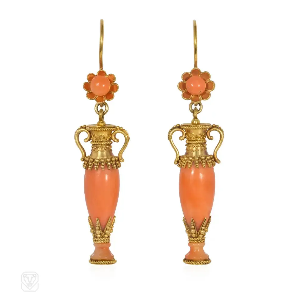 Victorian gold and coral Etruscan Revival urn earrings