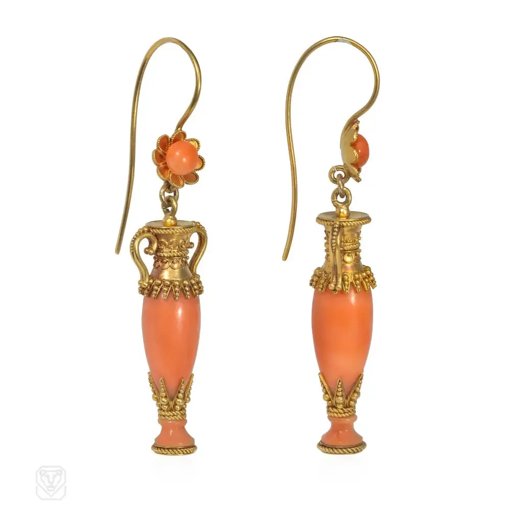 Victorian gold and coral Etruscan Revival urn earrings