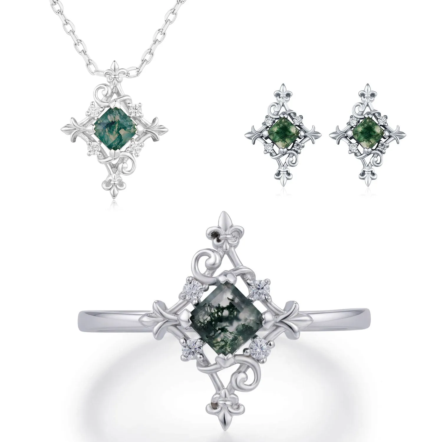 Vine Diamond Moss Agate Set