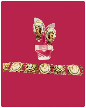 Vintage 1980s Clip-On Porcelain Portrait Earrings & Bracelet Set, Limoges