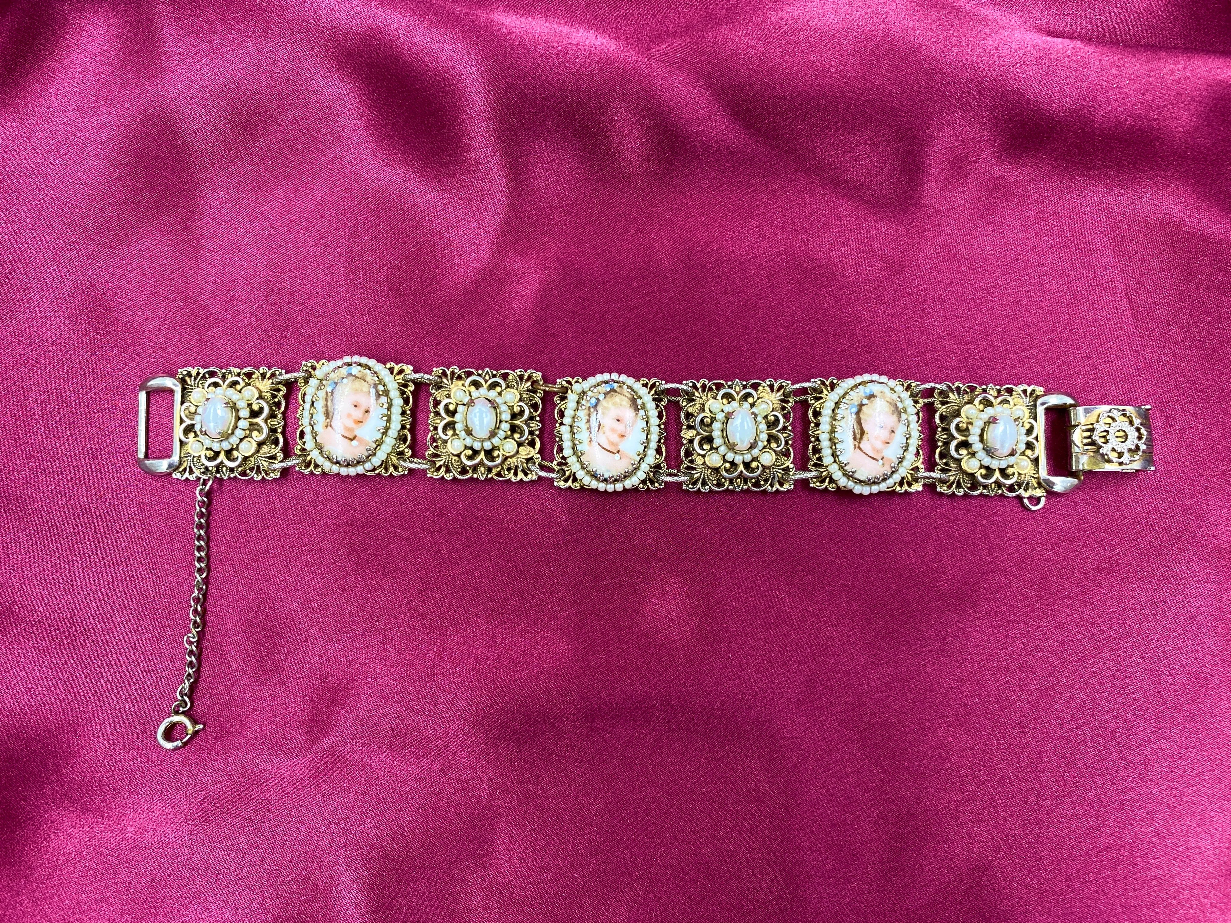 Vintage 1980s Clip-On Porcelain Portrait Earrings & Bracelet Set, Limoges