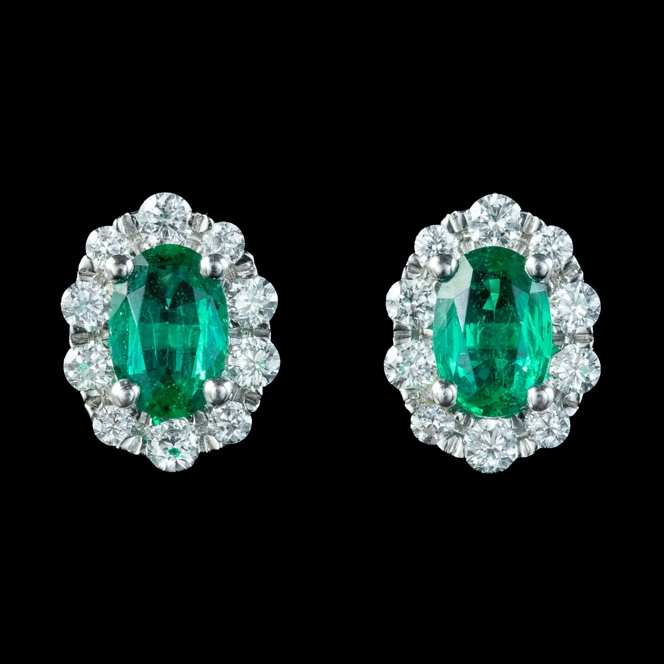 Vintage Emerald Diamond Cluster Stud Earrings 1.32ct Of Emerald