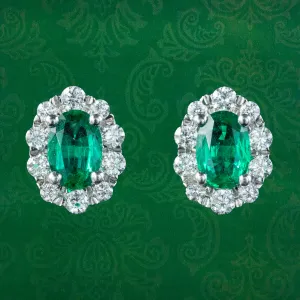 Vintage Emerald Diamond Cluster Stud Earrings 1.32ct Of Emerald