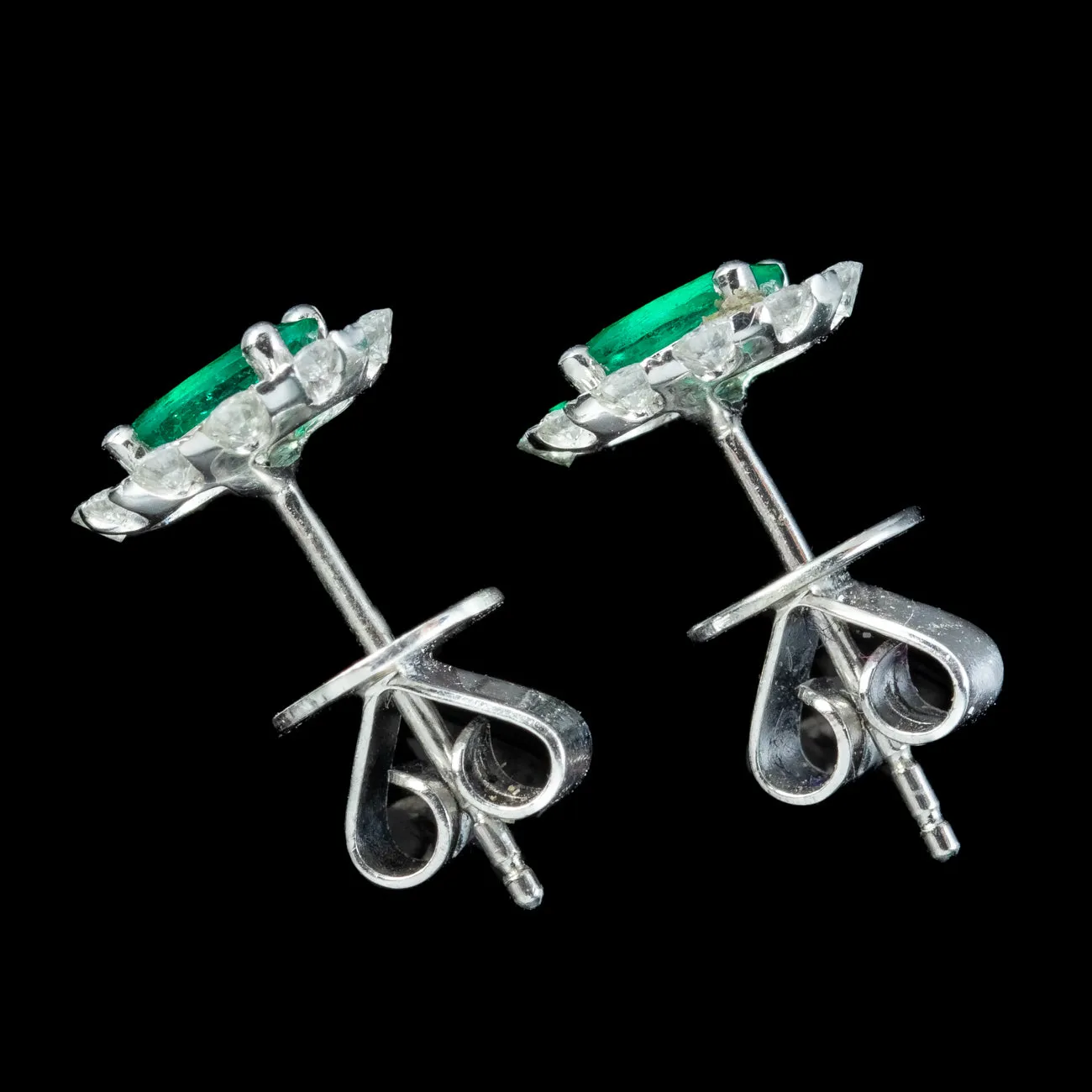 Vintage Emerald Diamond Cluster Stud Earrings 1.32ct Of Emerald