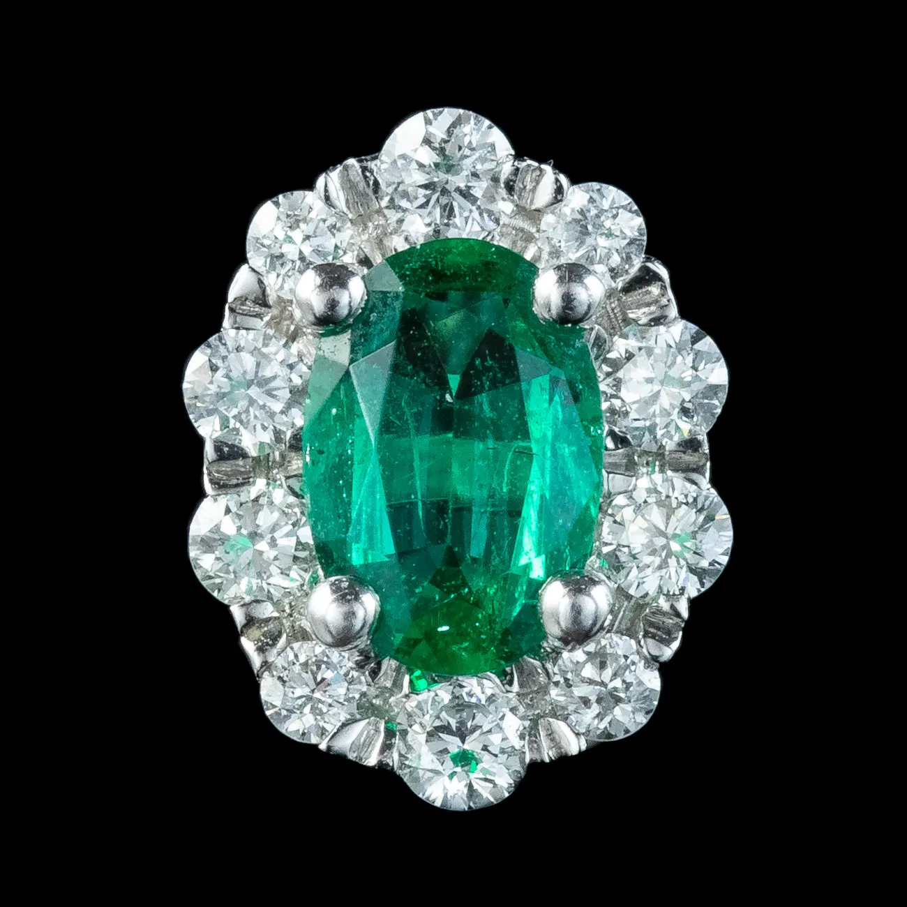 Vintage Emerald Diamond Cluster Stud Earrings 1.32ct Of Emerald