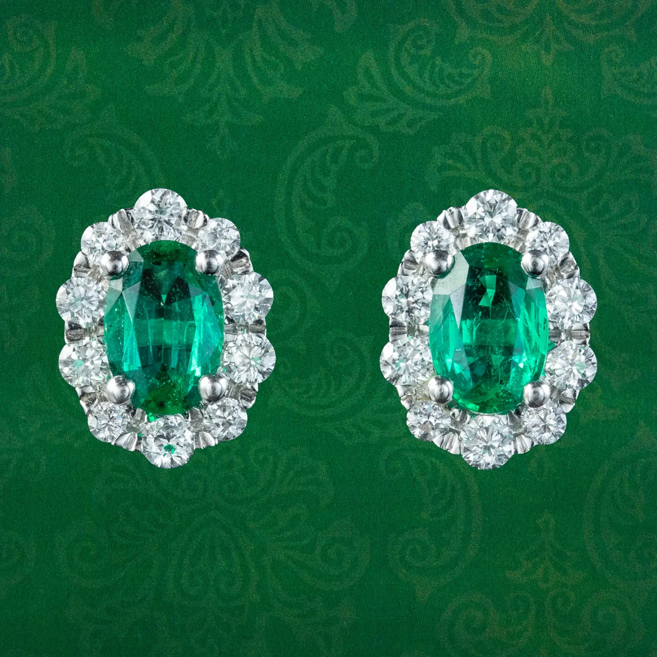 Vintage Emerald Diamond Cluster Stud Earrings 1.32ct Of Emerald