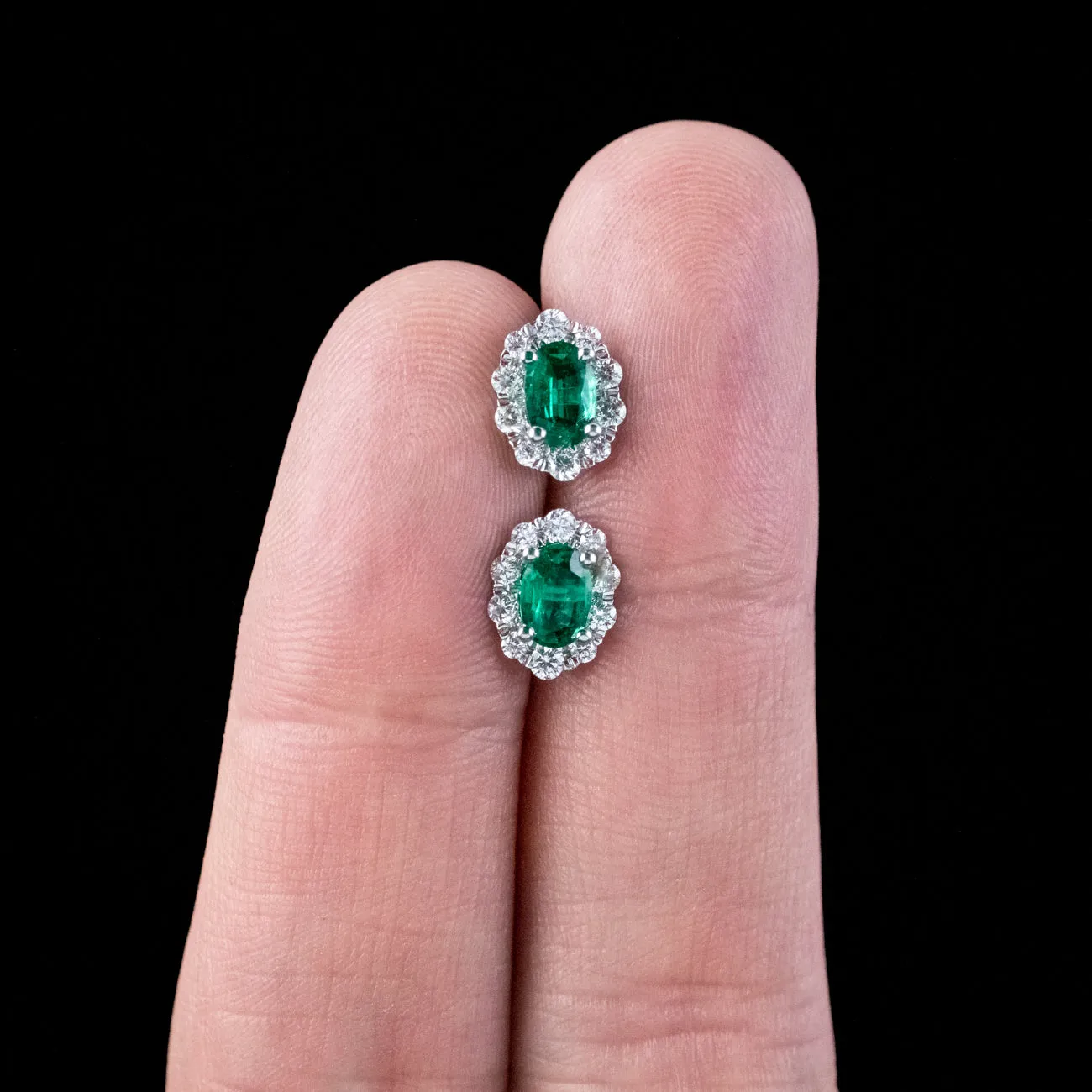 Vintage Emerald Diamond Cluster Stud Earrings 1.32ct Of Emerald