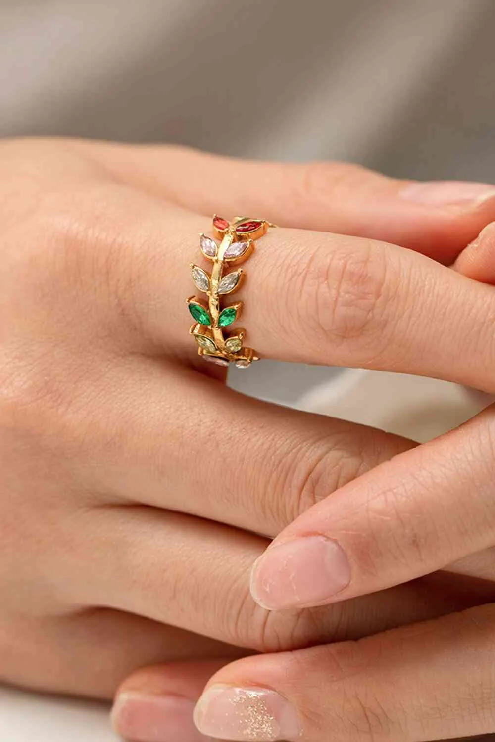 Zircon 18K Gold-Plated Leaf Open Ring